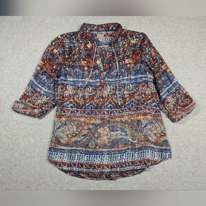 Chicos Women Top Small Paisley Print Neck Tie Lightweight Popover‎